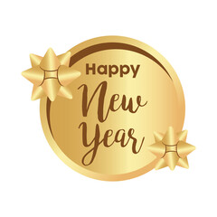 happy new year golden lettering with bows in circular frame