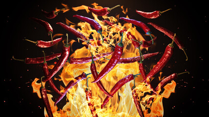 Red hot chili peppers on fire background. 3d rendering
