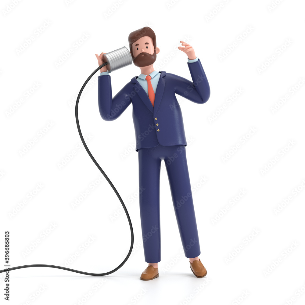 Poster a man communicating with tin can phone. communication and technology concept. 3d rendering,conceptua