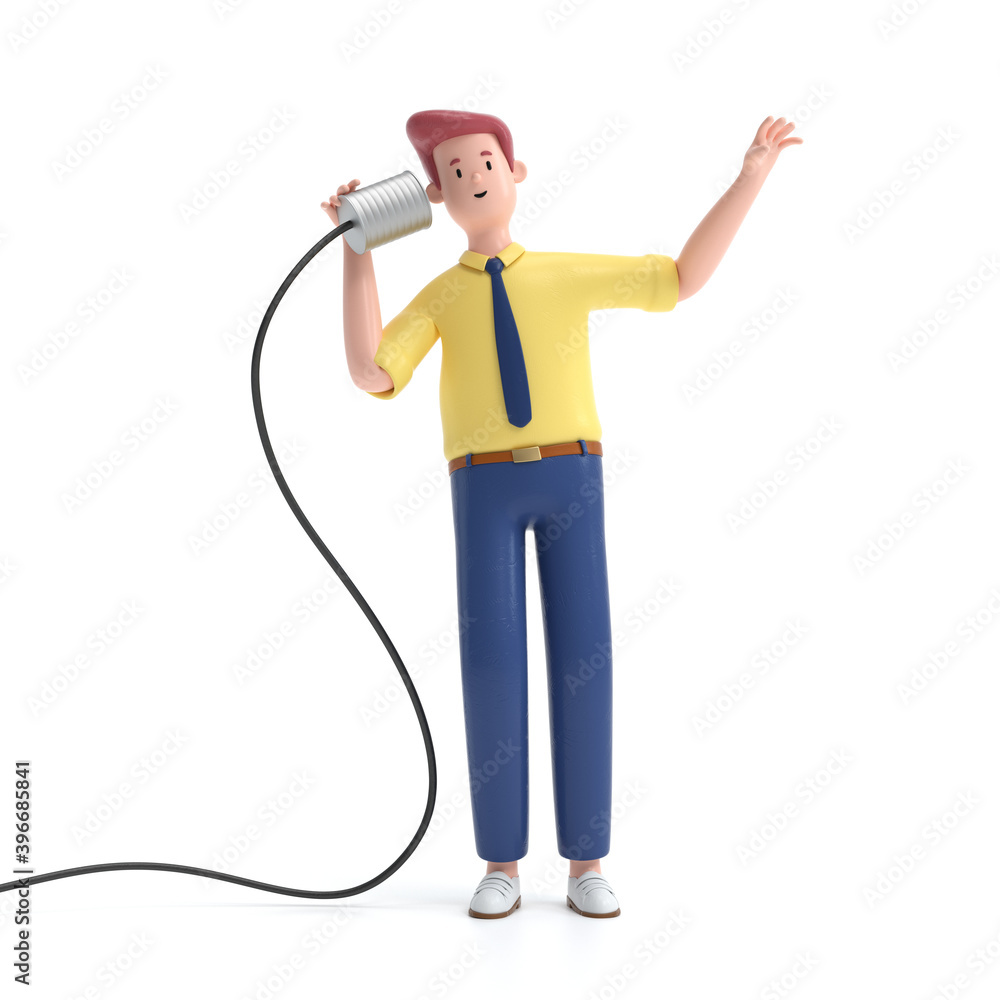 Poster -a man communicating with tin can phone. communication and technology concept. 3d rendering,conceptu