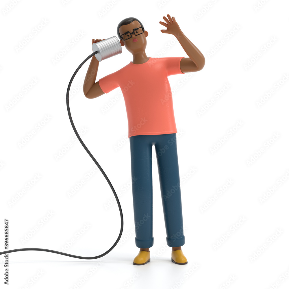 Poster -a man communicating with tin can phone. communication and technology concept. 3d rendering,conceptu
