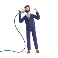 A man communicating with tin can phone.  communication and technology concept. 3d rendering,conceptual image.