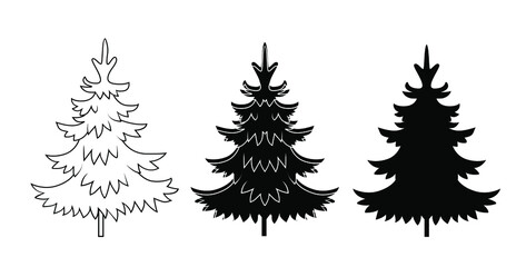 A set of black Christmas Trees. Winter season design elements and simply pictogram collection. Isolated vector Icons and Illustration.