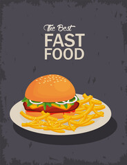 hamburger and french fries in dish delicious fast food icon