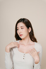 Portrait of beautiful asian woman touching body - necklace mock up.