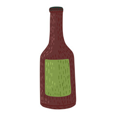 Bottle beer with green label isolated on white background. Graphic design element in doodle style.