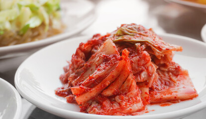 Close up Kimchi cabbage, fermented vegetables,. Traditional Korean side dish.