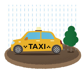 大雨の被害に遭う黄色いタクシーのベクターイラスト