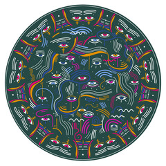 Modern doodle psychedelic fashion eyes abstract round composition in minimalist Memphis style with eyes.