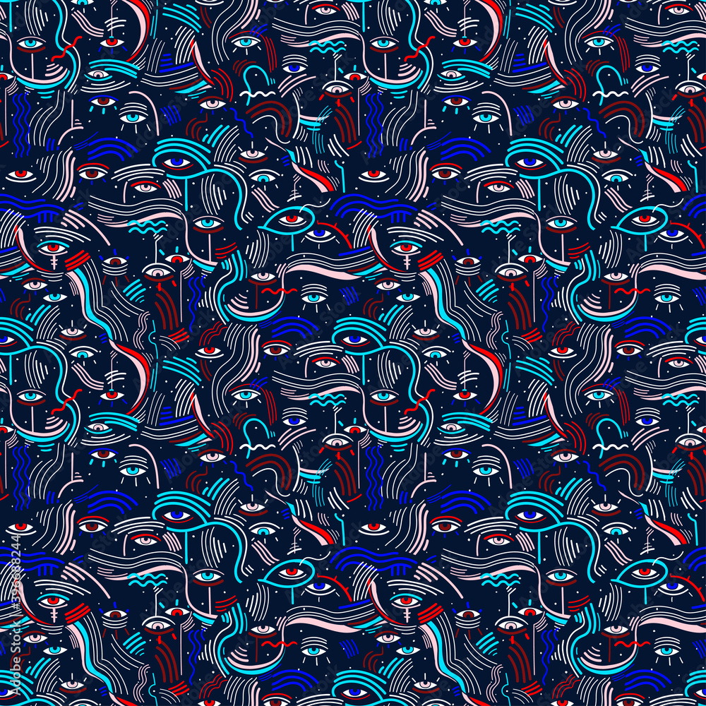 Wall mural modern doodle psychedelic fashion eyes seamless pattern in minimalist memphis style with eyes.