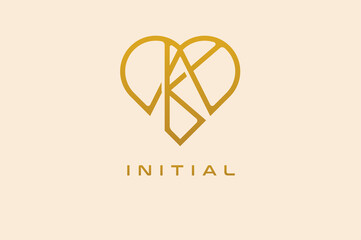 Abstract initials  A and K logo, gold colour line style heart and letter combination, usable for brand, card and invitation, logo design template element,vector illustration