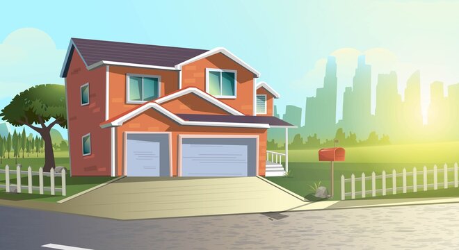 Summer cartoon illustration of modern cottage house among trees in the green countryside field outside of the town.