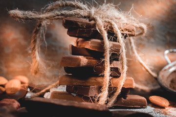 Stack of milk and dark chocolate pieces tied together with twine and bow atmospheric front view photo.