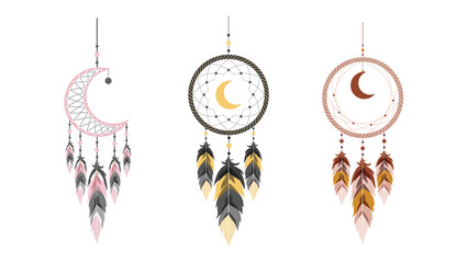 Dream catcher with moon and feathers. Set of hand drawn indian talisman. Ethnic bohemian design element. Vector hipster illustration isolated on white background. Flat boho style.