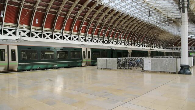 Paddington Train Station empty during Coronavirus Covid-19 lockdown in London when public transport was quiet and deserted with no people in England, Europe