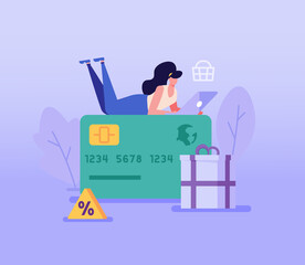 Customer woman shopping online with laptop. Online shopping with gifts. Concept of e-commerce, loyalty program, payment credit card. Vector illustration for UI, web banner, mobile app