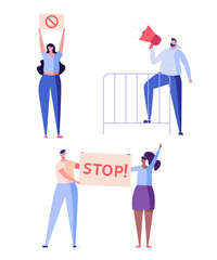 Man and woman with a placard, shout near fence. Concept of protest, stopping, rejection, rally, action, political revolution, demonstrate, manifesting, activists. Vector illustration in flat design