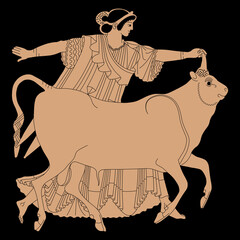 Europa with Zeus as bull. Ancient Greek mythology. Monochrome silhouette. Vase painting style. © Olena