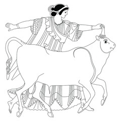 Europa with Zeus as bull. Ancient Greek mythology. Black and white linear silhouette. Vase painting style.  © Olena