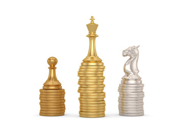 Chess on stacks of coins, 3D rendering. 3D illustration.