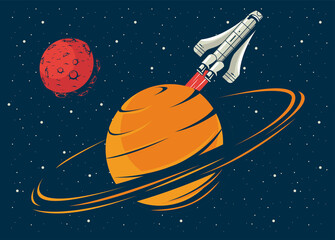 saturrn and mars with spaceship in poster vintage style © Jemastock