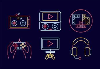 bundle of six video game neon style set icons © Jemastock