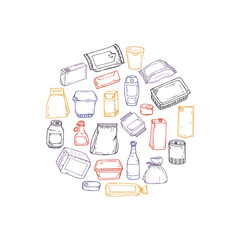 Product packaging Vector set. Food and drink Packing. Hand Drawn doodle: cans and bottles, plastic boxes, cardboard and paper package blank objects