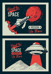 road to space letterings with ufo and rocket in mars posters vintage style © Jemastock