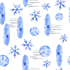 Watercolor hand drawn seamless pattern with blue snowflakes abstract shapes Christmas new year design wrapping paper textile. Electric blue snow frost pastel invitation celebration. Winter background.