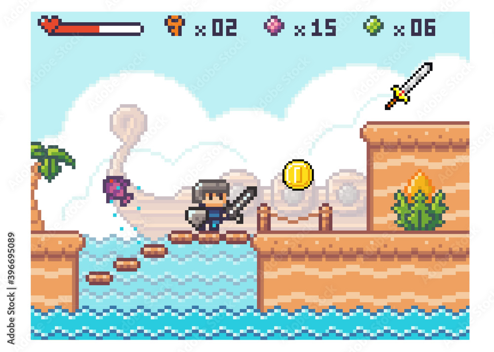 Poster pixel computer game interface. knight wear armor is climbing the stairs. way through the deep. old 8