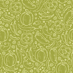 Vegetables and Spices Vector Seamless pattern. Hand drawn doodle: bell pepper, chili pepper, hot pepper, peppercorns.