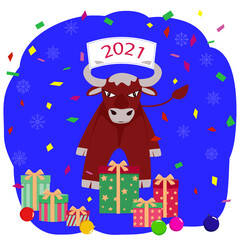 Bull. Symbol of the Chinese New Year 2021. Vector image on a blue background. Background with bull, snowflakes, gifts, words 2021