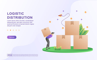 Illustration concept of logistic distribution with the person carrying the box.