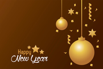 happy new year card with golden balls hanging