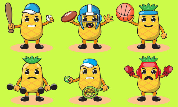 Illustration vector graphic cartoon character of cute Pineapple  doing sport set. Cute and funny fruit emotion set. Basket, boxing, tennis, baseball,weightlifting.