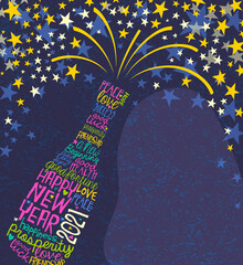 Happy New Year 2021 design. Abstract champagne bottle with inspiring handwritten words and bursting stars with space for text.