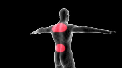3d illustration of a men xray hologram showing pain area on the back area