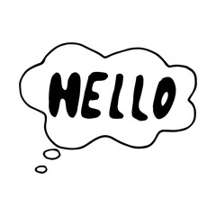 hello lettering in a cloud icon, sticker, scrapbook. sketch hand drawn doodle. vector scandinavian monochrome minimalism. greeting, message.