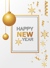 Fototapeta premium happy new year card with golden snowflakes and ball hanging