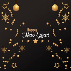 Fototapeta na wymiar happy new year card with golden balls and confetti template
