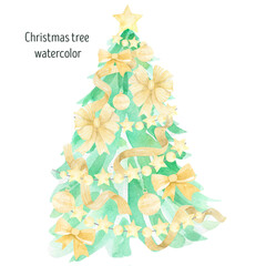 Christmas tree with gold ribbons and gold bow watercolor. Merry Christmas and happy New Year. Christmas  greeting card.