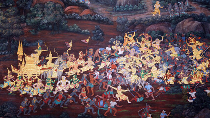 Ancient mural painting with scene from the Ramakien at Wat Phra Kaew Temple in Grand Palace,BANGKOK, THAILAND. © bennnn