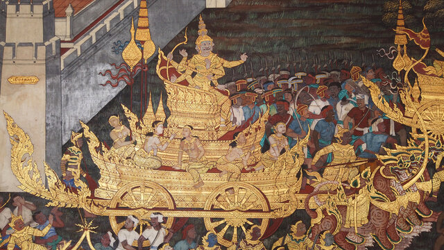 Ancient mural painting with scene from the Ramakien at Wat Phra Kaew Temple in Grand Palace,BANGKOK, THAILAND.