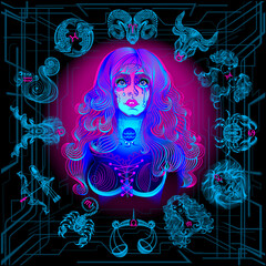 Zodiac circle of the girl of the future. Zodiac sign - Aquarius. Neon illustrations on a black background.