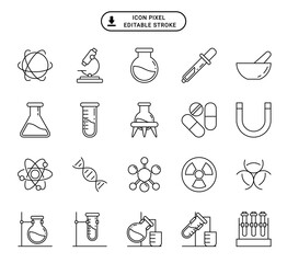 set of Chemistry lab and diagrammatic icons showing assorted experiments