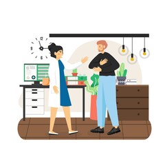 Patient disabled man visiting doctor, flat vector illustration. Medical care for people with disabilities.