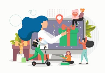 Happy women sending gifts online and courier delivering them to receiver, flat vector illustration. Online gift delivery