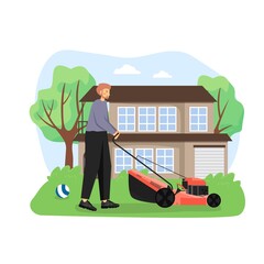 Gardener mowing the lawn, cutting grass with lawn mower, flat vector illustration. Gardening, home improvement services.