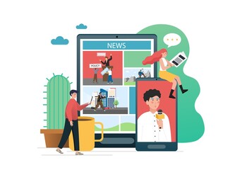 People reading print newspaper, using online news portal, flat vector illustration. Print, broadcast, internet.