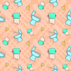 The pattern seamless background of the toilet accessory consists of a flush toilet, tissue, and feces. It is a cute or kawaii vector illustration cartoon style. The concept of excretory health.